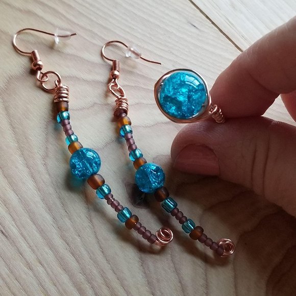 Copper Wire Earrings Rings Turquoise Set - Picture 6 of 10